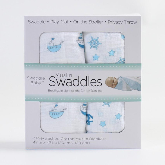 Swaddle Baby 雙層多用途紗布/包巾/浴巾-藍色（2條裝）